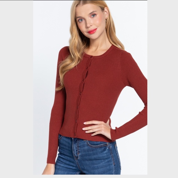 Cardigan Sweater Ribbed Knit Crew Neck Button Down Brick Red Size Small NWT - Picture 2 of 4